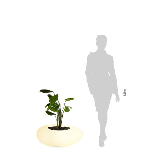 degardo STORUS VI Pflanzgefäß, weiß beleuchtet LED RGB, friegestellt Maße neben Mensch als Vergleich